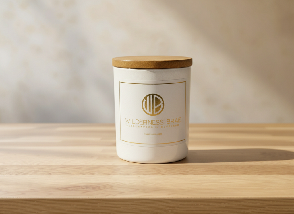 Candle with wooden lid on a wooden surface against a neutral background