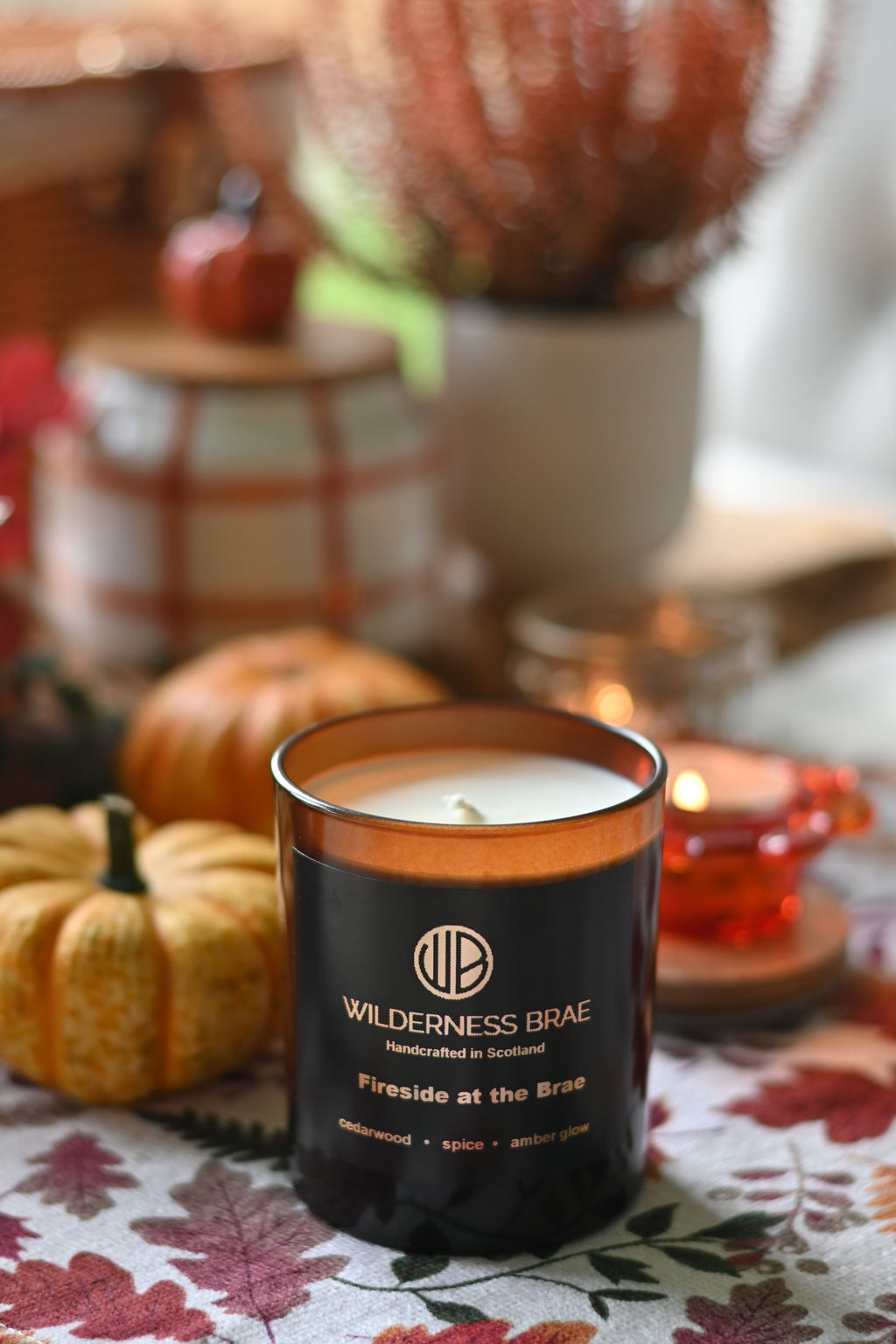 Fireside at the Brae unlit candle with  Wilderness Brae, Handcrafted in Scotland black and gold label. Amber jar sits on a table with autumn decor, including small pumpkins.