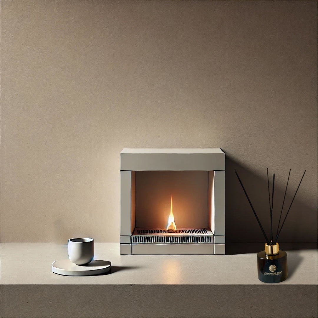 Fireside amber and gold reed diffuser next to contemporary fireplace.