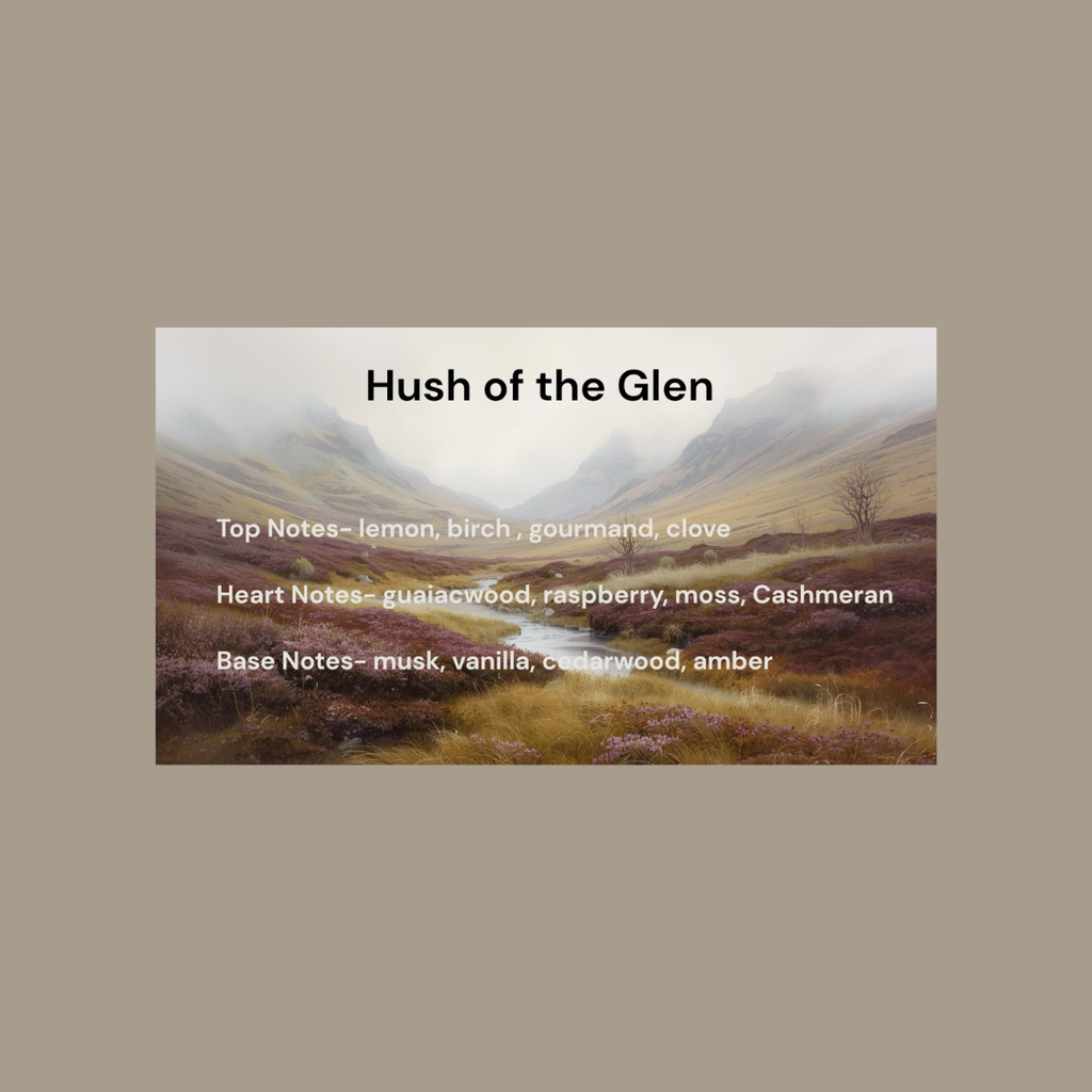 A square product card centered on a warm taupe background, featuring a misty mountain landscape with a river and overlaid text reading 'Hush of the Glen' plus fragrance notes.