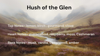 Scenic landscape with a stream and mountains, featuring the text 'Hush of the Glen' and fragrance notes.