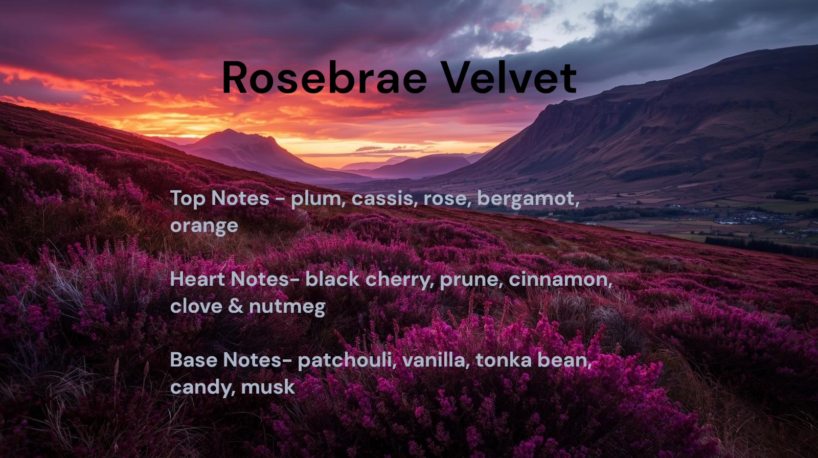 Scenic landscape with purple heather and mountains, featuring the brand 'Rosebrae Velvet' and fragrance notes.