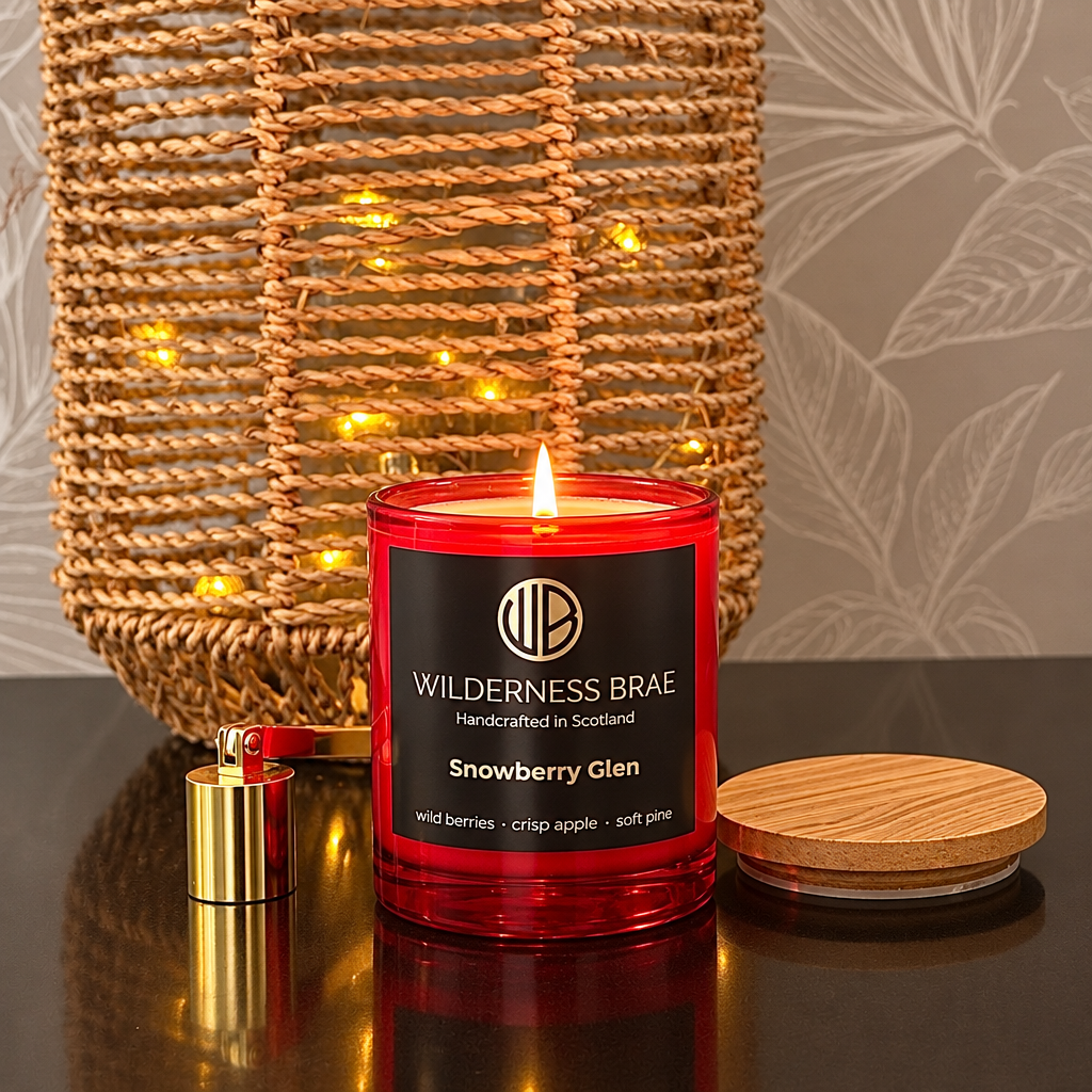A red glass scented candle labeled Wilderness Braé Snowberry Glen, lit with a visible flame, shown with its gold wick filter and wooden lid on a dark reflective surface in front of a woven basket with warm string lights.