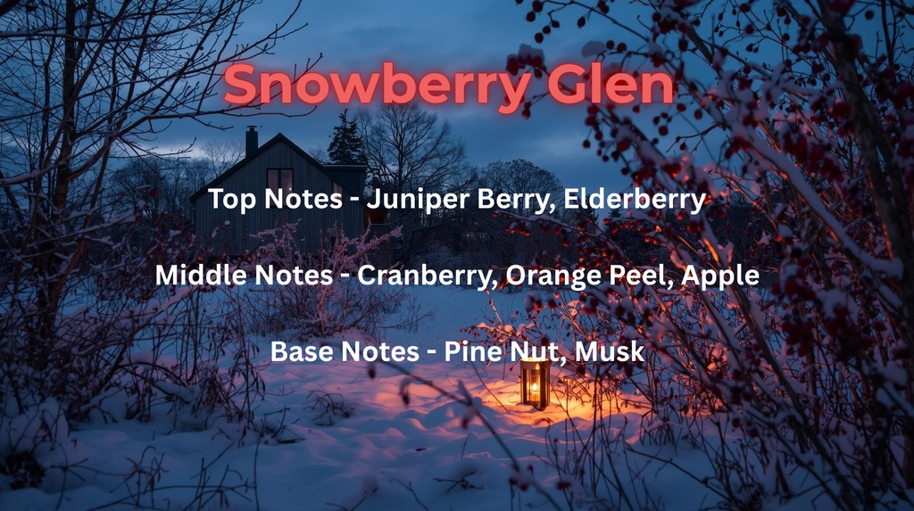 Snowberry Glen scent profile description by Wilderness Brae on a scottish wooded landscape at dusk with a cottage and lantern in the background.