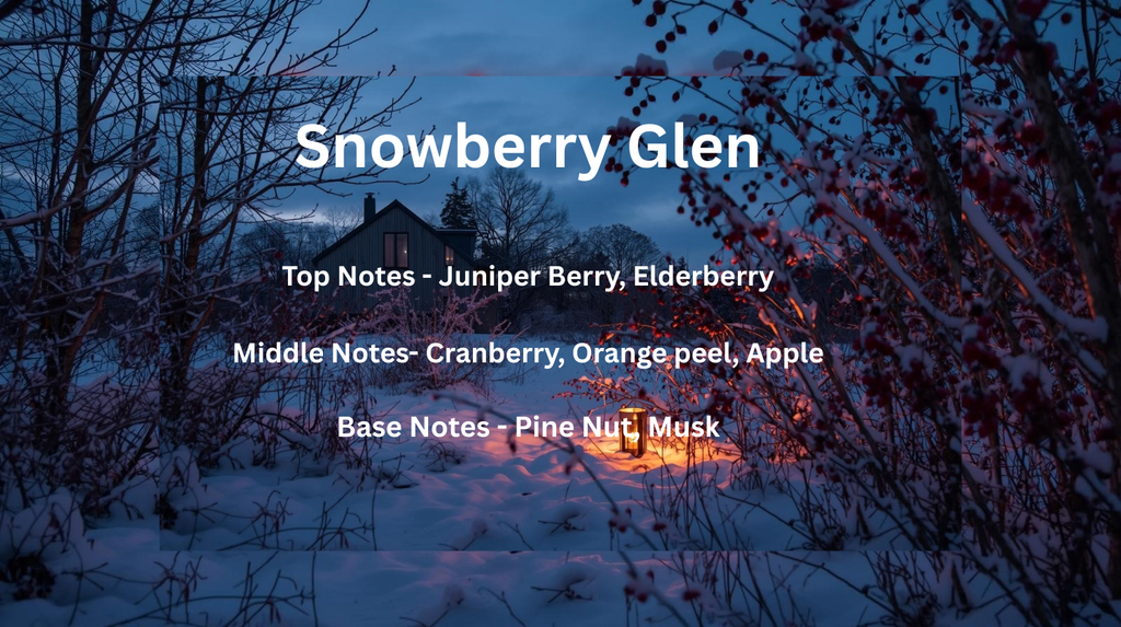 A winter landscape photo with snow-covered branches and a dark blue evening sky, overlaid with the text 'Snowberry Glen' and scent notes for top, middle, and base notes.