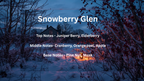 A winter landscape photo with snow-covered branches and a dark blue evening sky, overlaid with the text 'Snowberry Glen' and scent notes for top, middle, and base notes.