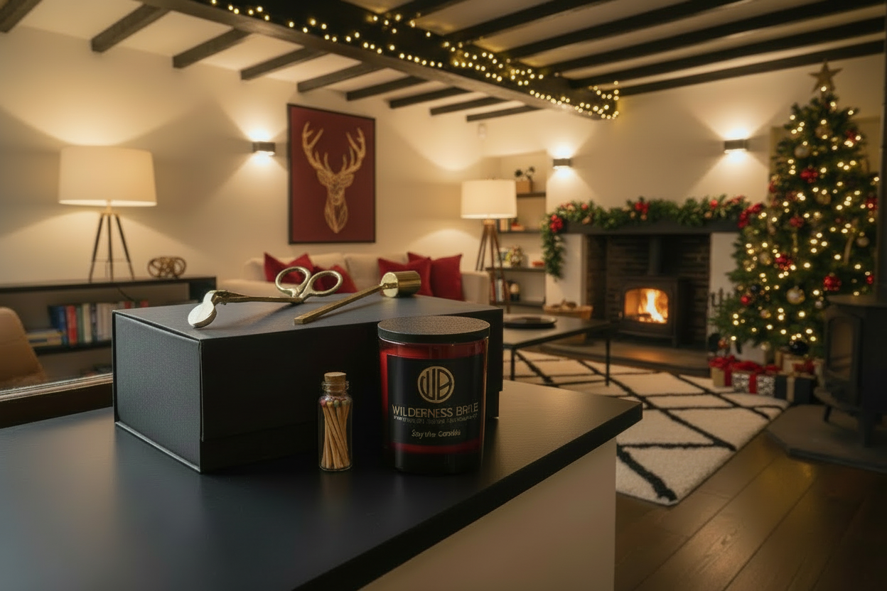 Decorated living room with Christmas tree, fireplace, and a table with a branded container.