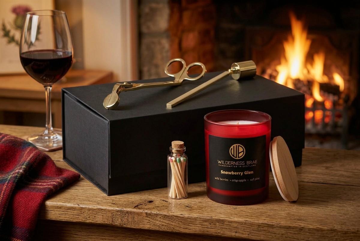 Wilderness Brae 'Snowberry Glen' scented candle in a red glass jar with a black label, shown with its wooden lid, a small match bottle, and brass candle tongs on a black gift box against a white background.