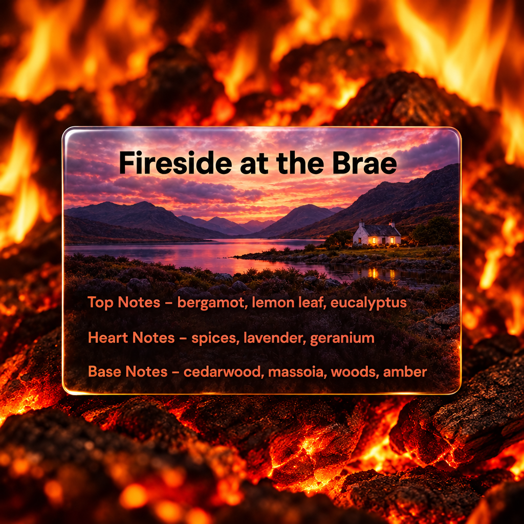 A square product graphic for 'Fireside at the Brae' scent, featuring a dark moody landscape photo of a cottage at dusk with orange text detailing fragrance notes.