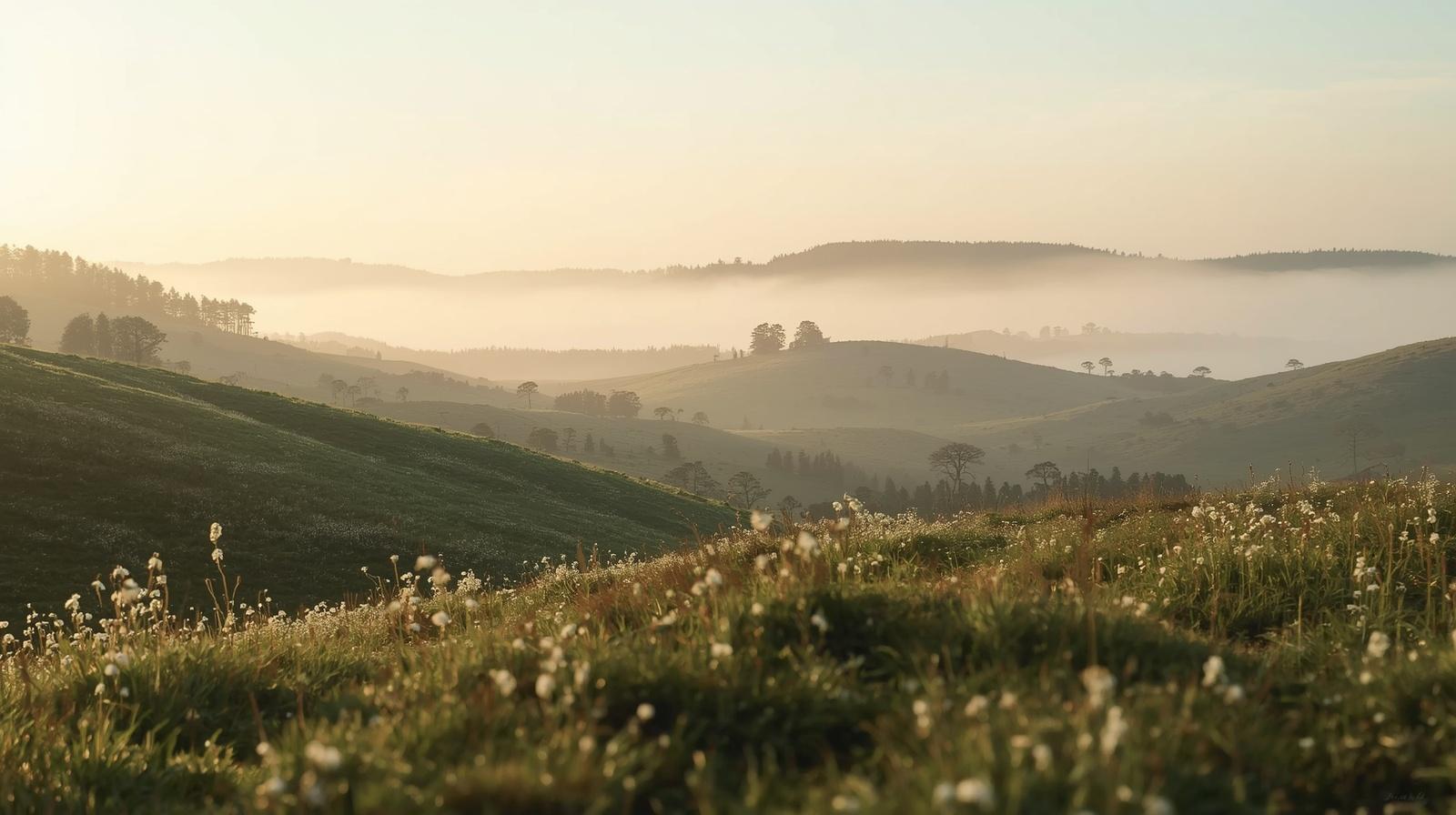 Hilly landscape with green fields and trees at sunset