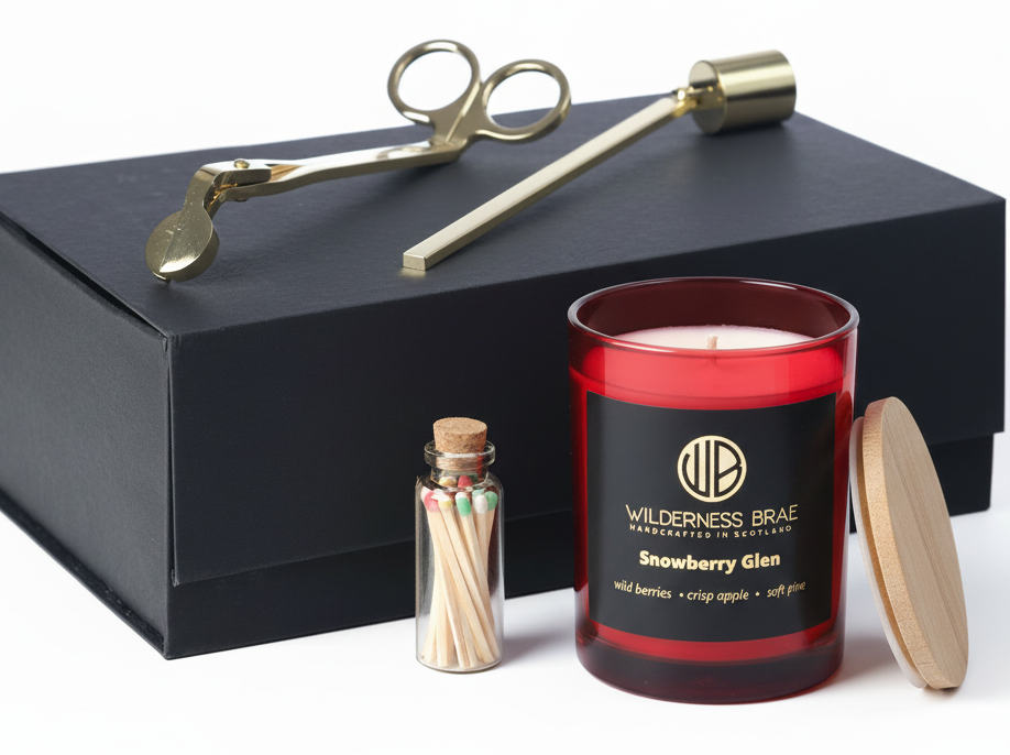 Wilderness Brae 'Still & Bright Box' with 'Snowberry Glen' scented soy candle, handcrafted in Scotland, a small match bottle, and brass candle tongs on a black gift box against a white background.